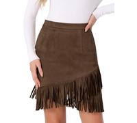 Allegra K Donna Gonna in Finta Pelle Scamosciata con Frange Elasticizzate, Minigonne Casual Vintage A Vita Alta Marrone Scuro L