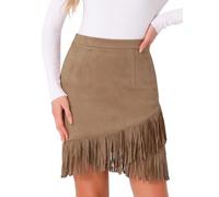 Allegra K Donna Gonna in Finta Pelle Scamosciata con Frange Elasticizzate, Minigonne Casual Vintage A Vita Alta Cammello XL