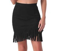 Allegra K Donna Gonna in Finta Pelle Scamosciata con Frange Elasticizzate, Minigonne Casual Vintage A Vita Alta Nero L