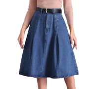 Allegra K Donna Longuette Classica in Denim A Pieghe A Vita Alta con Tasche A Trapezio con Cintura Blu L