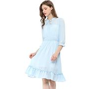 Allegra K Donna Mini Abito Arruffare Manica a 3/4 Orlo Manicotto Un-Linea Corto Chiffon Blu L
