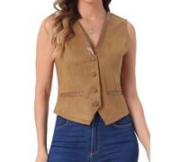 Allegra K Donna Natalizio Gilet con Scollo a V Christmas Vintage Abbottonata in Finta Pelle Scamosciata Giacche di Natale Casual Senza Maniche Marrone Chiaro XL