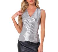 Allegra K Donna Natalizio Top Avvolgente Metallizzato per Christmas Canotta Leggera con Ruche E Scollo A V Senza Maniche da Party Club di Natale per Festa di Halloween Argento XS