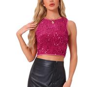 Allegra K Donna Natalizio Top con Paillettes, Scollo A Barchetta, Senza Maniche, Scintillante, Glitterato, per Feste in Discoteca, Serate, Canotta da Festival per Christmas di Natale Rosa Rossa L