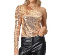 Allegra K Donna Paillettes Scintillanti per Top Natalizio Scintillanti A Maniche Lunghe con Sbuffo E Monospalla da Festival di Natale Champagne Oro S