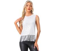 Allegra K Donna Paillettes Top con Frange Senza Maniche Canotte con Scollo Rotondo da Festa per la Notte di Halloween Bianca XL