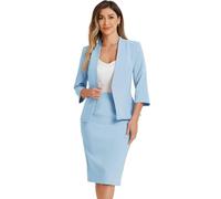 Allegra K Donna Set Gonna da Lavoro per Gonna A Tubino Blazer Senza Colletto in 2 Pezzi da Ufficio Azzurro XL