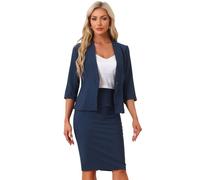 Allegra K Donna Set Gonna da Lavoro per Gonna A Tubino Blazer Senza Colletto in 2 Pezzi da Ufficio Blu Navy S
