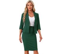 Allegra K Donna Set Gonna da Lavoro per Gonna A Tubino Blazer Senza Colletto in 2 Pezzi da Ufficio Verde Scuro L