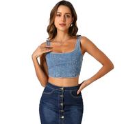 Allegra K Donna Top A Corsetto in Denim per Canotta Corta Jean Bustier Senza Maniche Azzurro L