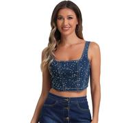 Allegra K Donna Top A Corsetto in Denim per Canotta Corta Jean Bustier Senza Maniche Blu Medio XL