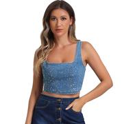 Allegra K Donna Top A Corsetto in Denim per Canotta Corta Jean Bustier Senza Maniche Blu XL