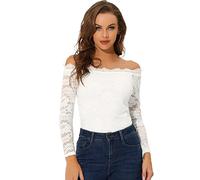Allegra K Donna Top a Maniche Lunghe Trasparente con Spalle Scoperte in Pizzo Floreale Bianco L