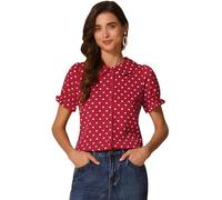 Allegra K Donna Top a Pois Vintage con Maniche a Sbuffo con Volant con Colletto alla Peter Pan Camicia da Donna a Maniche Corte Borgogna XS