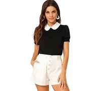 Allegra K Donna Top Camicetta Casual Maniche Corte Sbuffo Colletto Peter Pan Nero L