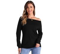 Allegra K Donna Top Casual con Spalle Scoperte, Scollo A Barca, Elasticizzato, Manica Lunga, in Maglia Nero XS