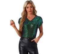 Allegra K Donna Top con Paillettes per Top A Maniche Corte con Scollo A V, Scintillanti Metallizzati Verde Blu L