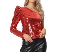 Allegra K Donna Top con Paillettes Una Spalla Maniche Gonfie per Festa