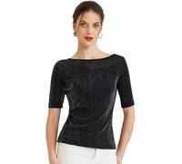 Allegra K Donna Top con Scollo A Barca per Top Eleganti Casual in Rete A Mezza Manica Elasticizzata Glitterata Nero M