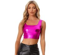 Allegra K Donna Top Corto Lucido Metallizzato Crop Top Senza Maniche con Scollo a U Canottiera Canotta da Ballo Clubwear per Nightclub Party Rosa Caldo L