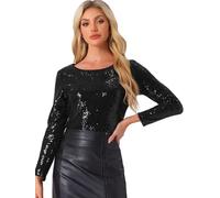 Allegra K Donna Top da Sera con Paillettes Eleganti A Maniche Lunghe Maglia con Paillettes Camicetta con Brillantini da Party Nero M