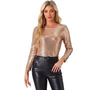 Allegra K Donna Top da Sera con Paillettes Eleganti A Maniche Lunghe Maglia con Paillettes Camicetta con Brillantini da Party Oro XS