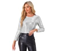 Allegra K Donna Top da Sera con Paillettes Eleganti A Maniche Lunghe Maglia con Paillettes Camicetta con Brillantini da Party Argento L