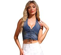 Allegra K Donna Top di Jeans Senza Maniche Canotte di Denim Gilet Elegante con Scollo all'Americana e Lacci Blu S