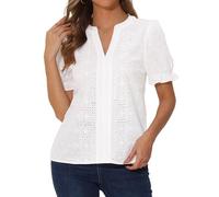 Allegra K Donna Top Estivo Casual con Occhielli, Scollo A V con Tacca, Maniche Corte A Sbuffo, in Pizzo E Cotone Ricamato Bianca L