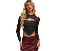 Allegra K Donna Top Glitterato con Scollo A Lupetto, Maglia A Buco della Serratura, Clubwear, Top Corto Scintillante Argento Nero S