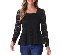 Allegra K Donna Top in Pizzo, Collo Quadrato, Maniche Lunghe, Elegante Camicetta Casual con Peplo Nero M