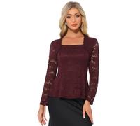 Allegra K Donna Top in Pizzo, Collo Quadrato, Maniche Lunghe, Elegante Camicetta Casual con Peplo Rosso XL