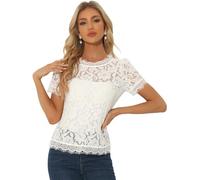 Allegra K Donna Top in Pizzo Floreale a Maniche Corte Semi Trasparente