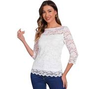 Allegra K Donna Top in Pizzo Floreale Manica 3/4, Girocollo Elegante Maglia Elegante in Pizzo per Festa di Halloween Bianca L