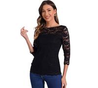 Allegra K Donna Top in Pizzo Floreale Manica 3/4, Girocollo Elegante Maglia Elegante in Pizzo per Festa di Halloween Nero S