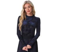 Allegra K Donna Top in Rete Trasparente per Magliette con Stampa Floreale in Velluto A Collo Finto Blu Scuro XS