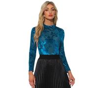 Allegra K Donna Top in Rete Trasparente per Magliette con Stampa Floreale in Velluto A Collo Finto Blu L