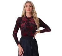 Allegra K Donna Top in Rete Trasparente per Magliette con Stampa Floreale in Velluto A Collo Finto Nero Rosso L
