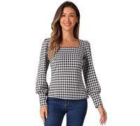 Allegra K Donna Top Pied De Poule per Camicetta Casual con Maniche Vescovili E Collo Quadrato Nero Bianco S