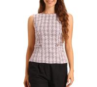 Allegra K Donna Top Tweed Elegante Stampa Scozzese Senza Maniche Girocollo in Vita Fibbia Posteriore Cerniera Blazer Gilet Rosa Bianco XL