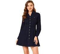 Allegra K Donne Denim Bottone Giù Colletto V-Collo Arrotolate Manica Camicia Vestito Blu Denim L