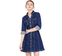 Allegra K Donne Denim Bottone Giù Colletto V-Collo Arrotolate Manica Camicia Vestito Profondo Blu XL