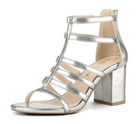 Allegra K Gabbia Strappy Gladiators Sandali da donna con tacco grosso, Argento e bianco, 40 EU