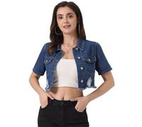 Allegra K Giacche corte casual per giacca di jeans sfilacciata a maniche corte con colletto da donna Blu M
