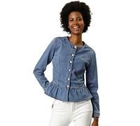 Allegra K Giacche di jeans da donna peplo senza colletto girocollo button down cropped volant orlo giacca, Azzurro chiaro, Large