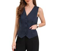 Allegra K Gilet Blazer Donna a Righe con Scollo a V e Bottoni Elegante e Completamente Foderato Blu Scuro XL