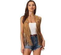 Allegra K Gilet con Frange da Donna Aperto sul Davanti Abiti Anni '70 Cardigan con Nappe in Finta Pelle Scamosciata Giallo S