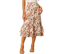 Allegra K Gonna Stampata in Chiffon Elastico in Vita con Volant a Strati gonne Midi fluide, Beige Rosa-Floreale, M