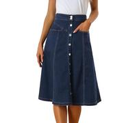 Allegra K Jeans da donna elasticizzati a vita alta con bottoni sul davanti A-Line Flowy Denim Midi Gonne con tasca, Blu scuro, L