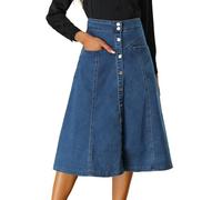 Allegra K Jeans da donna elasticizzati a vita alta con bottoni sul davanti A-Line Flowy Denim Midi Gonne con tasca, Blu, L